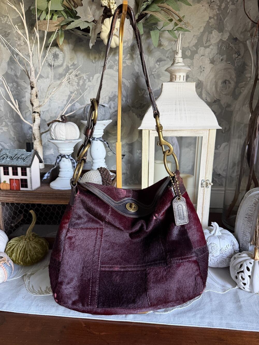 Coach Burgundy Calf Hair Shoulder Bag Leather Trim Purse